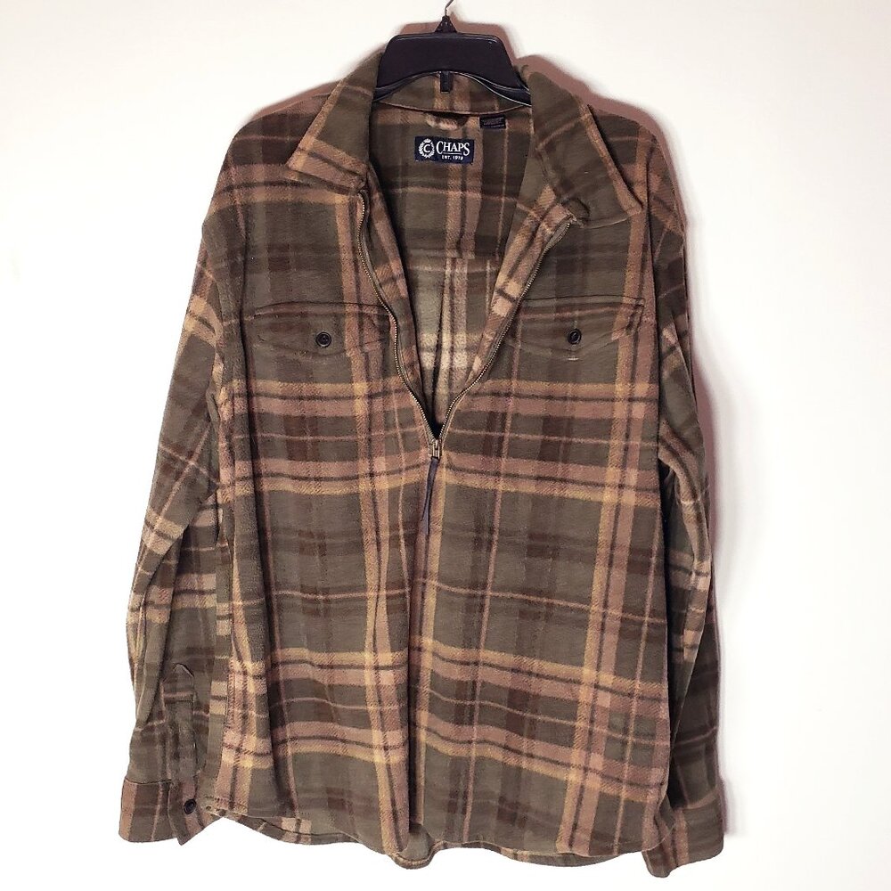Chaps Flannel Shirt Quarter Zip Pullover XL Tall Green/Tan Plaid